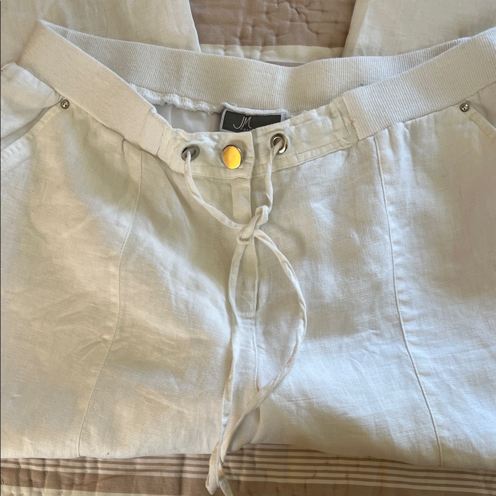 JM Collection White Linen Wide leg Drawstring Pants - Picture 5 of 8